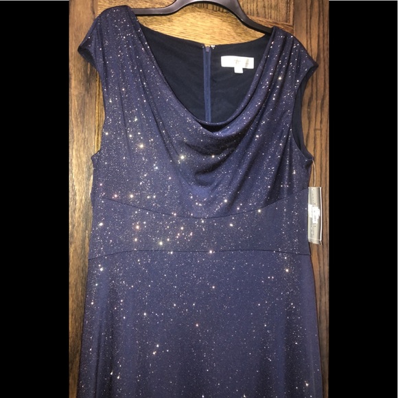 Women’s Formal Dress Size 16 Navy Glitter Shimmer Cap Sleeve Cowl Neck TAHARI - Picture 6 of 8